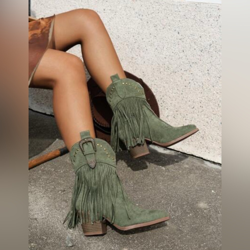 Fringe Suede Heeled Boots in Olive Green - Women